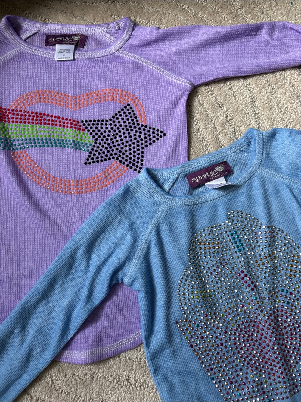 Lot of 2 Denny’s Lester’s Sparkle by Stoopher waffle knit rhinestone shirts
